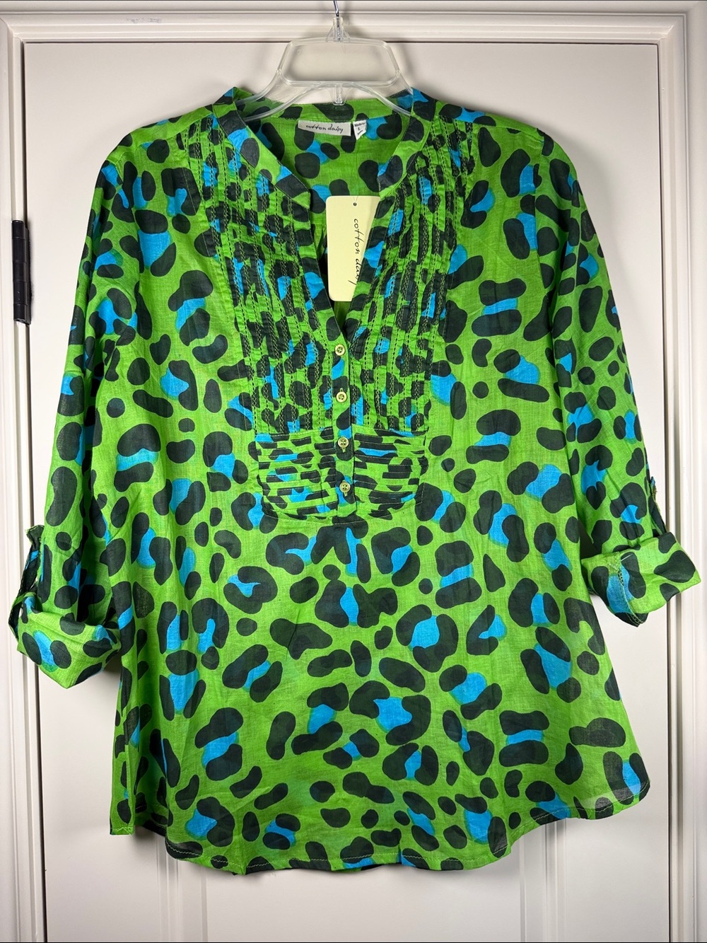 Cotton Daisy - Bright Green Blouse with Black and Blue Polka Dots - Size L